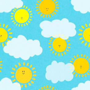 Medium - Happy Sunshines and Clouds - Blue Linen Background