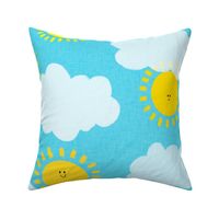 Large - Happy Sunshines and Clouds - Blue Linen Background