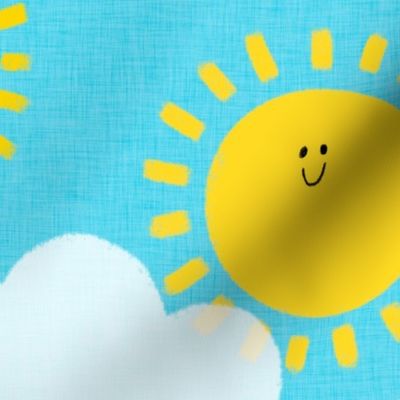 Large - Happy Sunshines and Clouds - Blue Linen Background