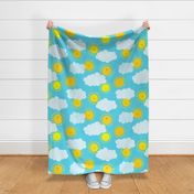 Large - Happy Sunshines and Clouds - Blue Linen Background