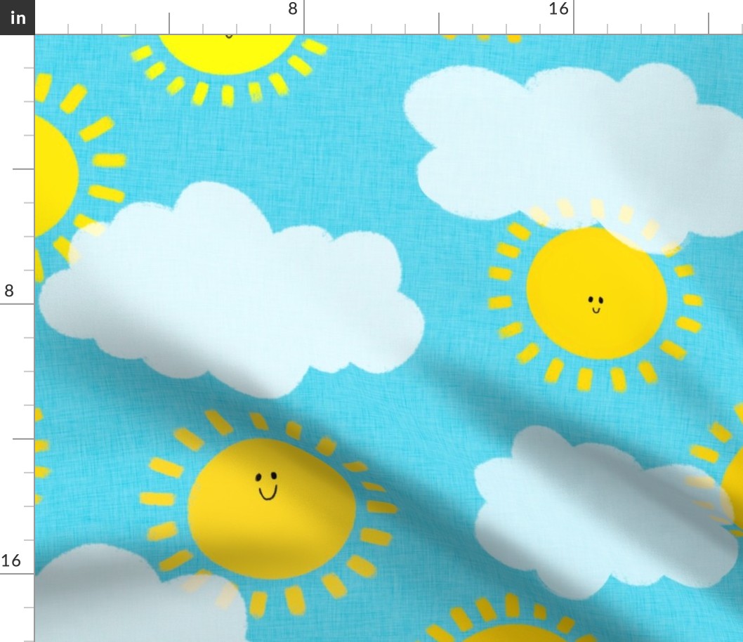 Large - Happy Sunshines and Clouds - Blue Linen Background