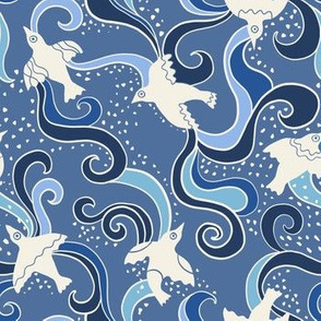 Birds and Swirls, Blue and Off White