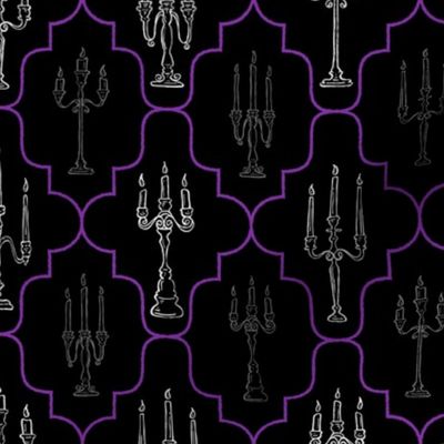 Medium White Creepy Candelabras with Colored Flames Geometric Design // © ZirkusDesign Hand Drawn Halloween Haunted House // candles, flickering, flames, gothic, black, purple, white, face mask, wallpaper