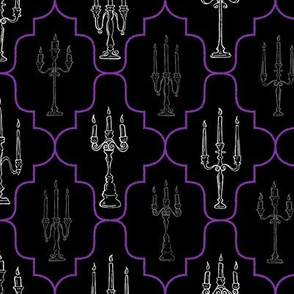 Medium White Creepy Candelabras with Colored Flames Geometric Design // © ZirkusDesign Hand Drawn Halloween Haunted House // candles, flickering, flames, gothic, black, purple, white, face mask, wallpaper