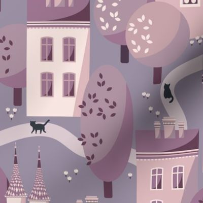 Evening cat walk, Purple-brown houses on dark gray background