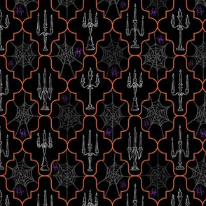 Small Orange Geometric Creepy Candelabras with Colored Flames and Spiders Design // © ZirkusDesign Hand Drawn Halloween Haunted House // candles, flickering, flames, gothic, black, purple, white, face mask, wallpaper