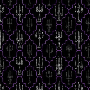 Small White Creepy Candelabras with Colored Flames Geometric Design // © ZirkusDesign Hand Drawn Halloween Haunted House // candles, flickering, flames, gothic, black, purple, white, face mask, wallpaper