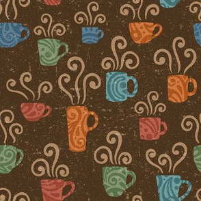 Decorative Coffee Cups with Swirls on Dark Brown