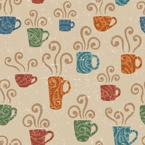 Decorative Coffee Cups with Swirls on Light Brown