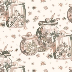 Watercolor neutral flower jars pattern // medium scale