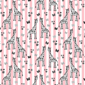 Rainbow Giraffe Friends - greyscale on coral pink stripes, medium