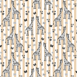 Rainbow Giraffe Friends - greyscale on beige stripes, medium
