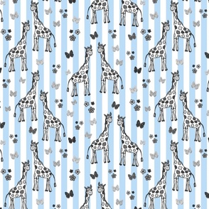 Rainbow Giraffe Friends - greyscale on baby blue stripes, medium
