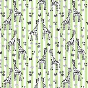 Rainbow Giraffe Friends - greyscale on sage green stripes, medium