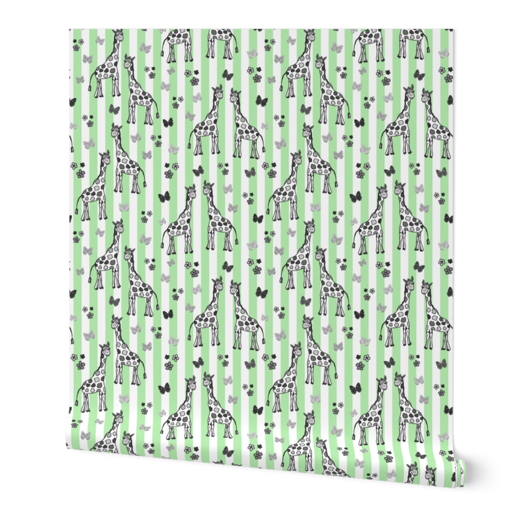 Rainbow Giraffe Friends - greyscale on mint green stripes, medium