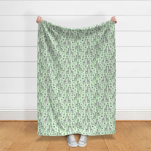 Rainbow Giraffe Friends - greyscale on mint green stripes, medium