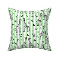 Rainbow Giraffe Friends - greyscale on mint green stripes, medium