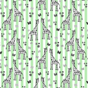 Rainbow Giraffe Friends - greyscale on mint green stripes, medium