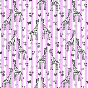 Rainbow Giraffe Friends - greyscale on pink candy stripes, medium