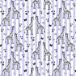 Rainbow Giraffe Friends - greyscale on purple stripes, medium