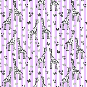 Rainbow Giraffe Friends - greyscale on lilac stripes, medium