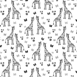 Rainbow Giraffe Friends - greyscale on white, medium