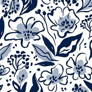 Navy blue hand-drawn flowers in big scale.