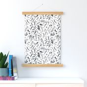 Eucalyptus Leaves, Mistletoe Birds, Gum Nuts & Blossom - greyscale on white, medium