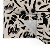 Eucalyptus Leaves, Mistletoe Birds, Gum Nuts & Blossom - black on cream, medium