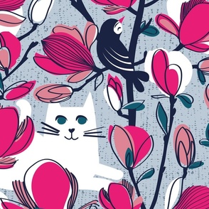 Large jumbo scale // Hello Spring! // pastel blue background white cat fuchsia pink Magnolia full bloom oxford navy blue branches birds and lines