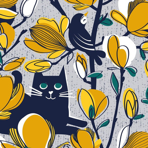 Large jumbo scale // Hello Spring! // grey background oxford blue cat yellow Magnolia full bloom oxford navy blue branches birds and lines