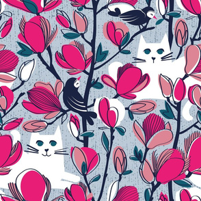 Normal scale // Hello Spring! // pastel blue background white cat fuchsia pink Magnolia full bloom oxford navy blue branches birds and lines