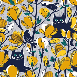 Normal scale // Hello Spring! // grey background oxford blue cat yellow Magnolia full bloom oxford navy blue branches birds and lines