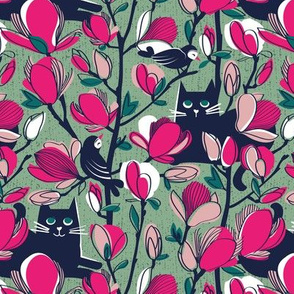 Small scale // Hello Spring! // jade green background oxford blue cat fuchsia pink Magnolia full bloom oxford navy blue branches birds and lines