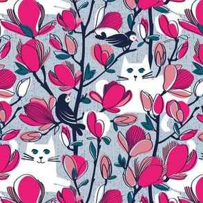 Small scale // Hello Spring! // pastel blue background white cat fuchsia pink Magnolia full bloom oxford navy blue branches birds and lines