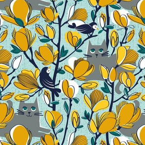Small scale // Hello Spring! // aqua background Russian Blue cat yellow Magnolia full bloom oxford navy blue branches birds and lines