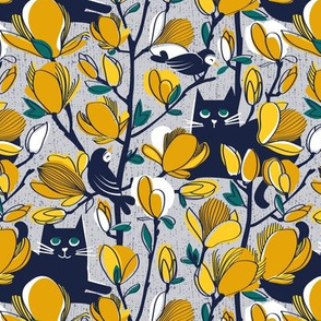 Small scale // Hello Spring! // grey background oxford blue cat yellow Magnolia full bloom oxford navy blue branches birds and lines