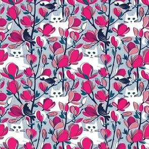 Tiny scale // Hello Spring! // pastel blue background white cat fuchsia pink Magnolia full bloom oxford navy blue branches birds and lines