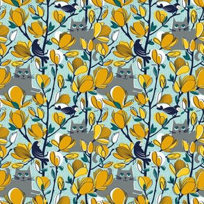 Tiny scale // Hello Spring! // aqua background Russian Blue cat yellow Magnolia full bloom oxford navy blue branches birds and lines