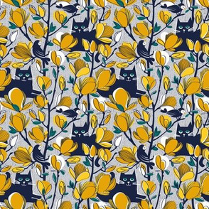 Tiny scale // Hello Spring! // grey background oxford blue cat yellow Magnolia full bloom oxford navy blue branches birds and lines