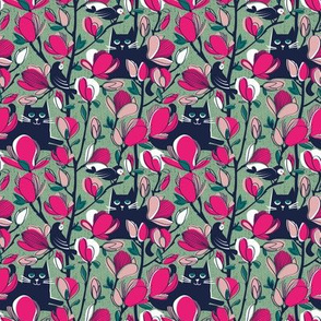 Tiny scale // Hello Spring! // jade green background oxford blue cat fuchsia pink Magnolia full bloom oxford navy blue branches birds and lines