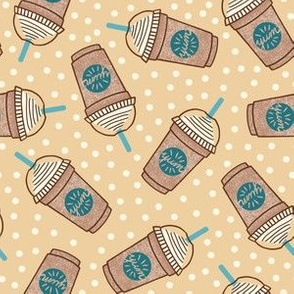 Yum Frozen Coffee Drink with Dots in Teal on Brown