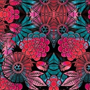 retro flowers teal and red
