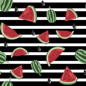 Watermelons on Black and White Stripes