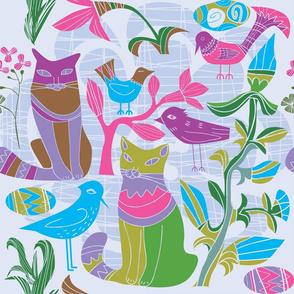 Cats Birds and retro flowers pattern