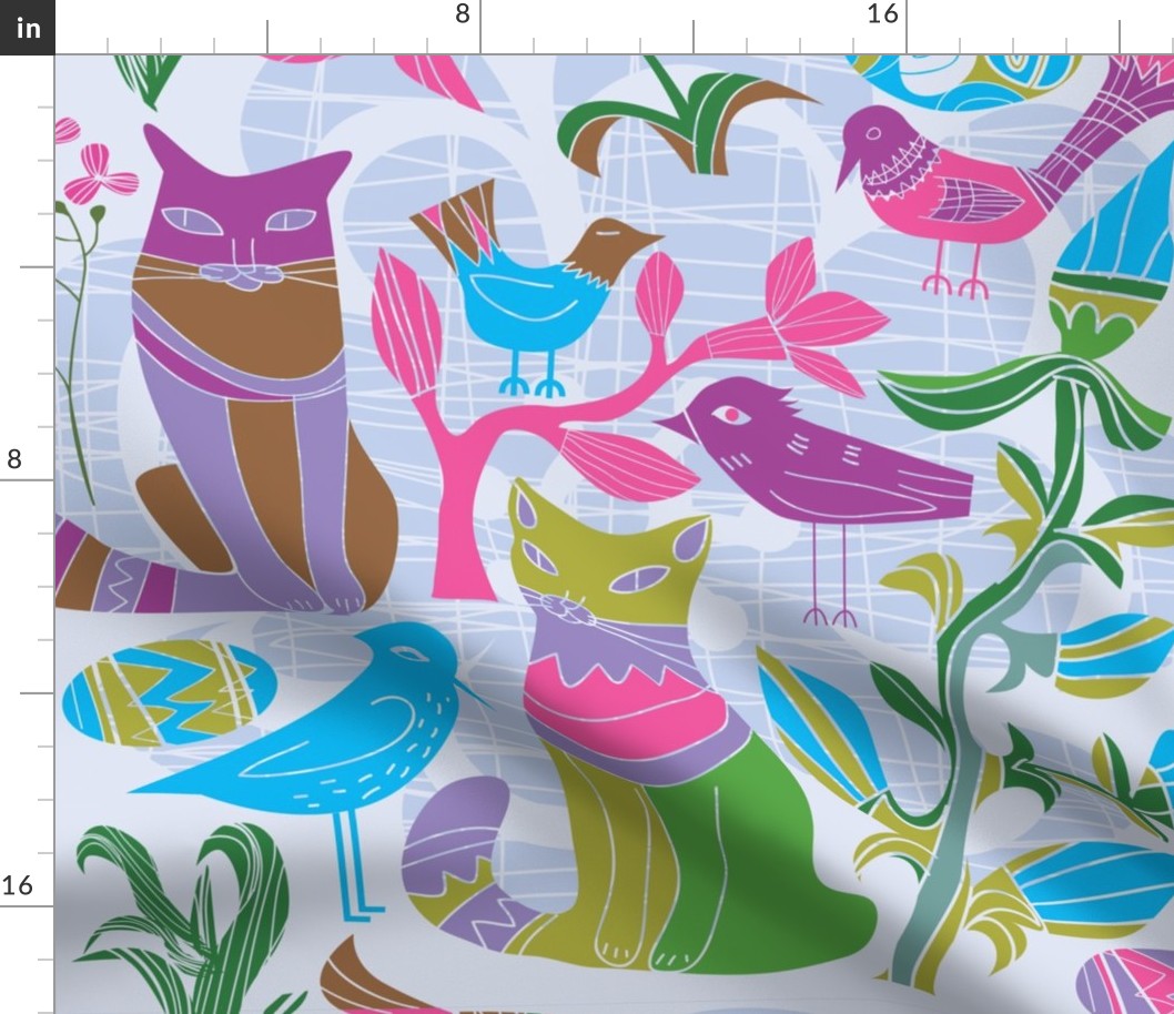 Cats Birds and retro flowers pattern