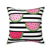 Watermelon Slices on Black and White Stripes - Large Scale