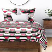 Watermelon Slices on Black and White Stripes - Large Scale