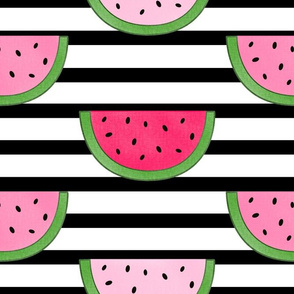 Watermelon Slices on Black and White Stripes - Large Scale