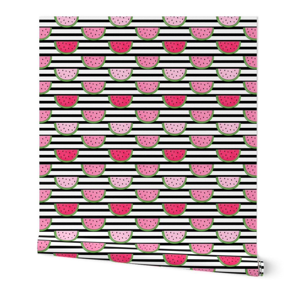 Watermelon Slices on Black and White Stripes - Medium Scale